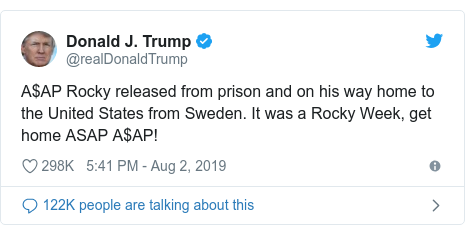 Twitter post by @realDonaldTrump: A$AP Rocky released from prison and on his way home to the United States from Sweden. It was a Rocky Week, get home ASAP A$AP!