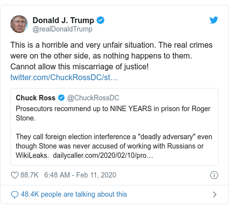Twitter post by @realDonaldTrump: This is a horrible and very unfair situation. The real crimes were on the other side, as nothing happens to them. Cannot allow this miscarriage of justice! 
