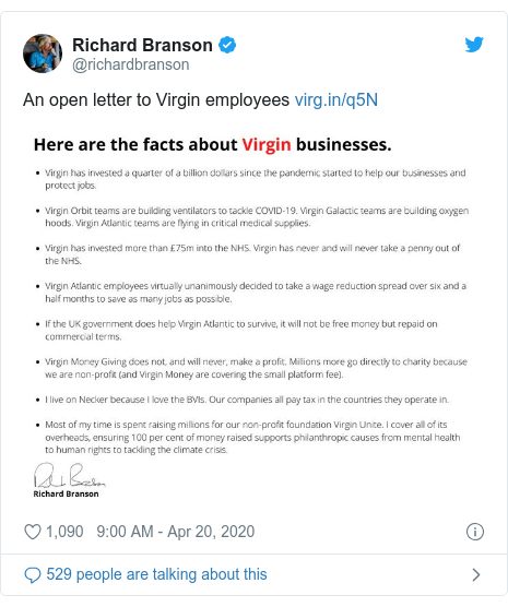 Twitter post by @richardbranson: An open letter to Virgin employees  
