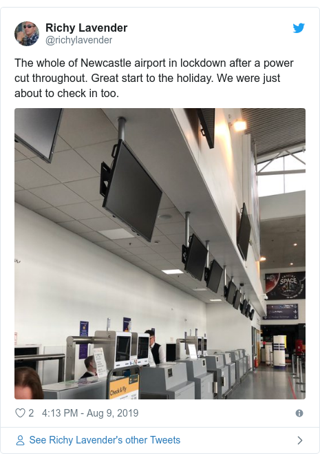 Twitter post by @richylavender: The whole of Newcastle airport in lockdown after a power cut throughout. Great start to the holiday. We were just about to check in too. 