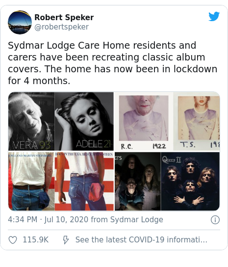 Twitter post by @robertspeker: Sydmar Lodge Care Home residents and carers have been recreating classic album covers. The home has now been in lockdown for 4 months. 