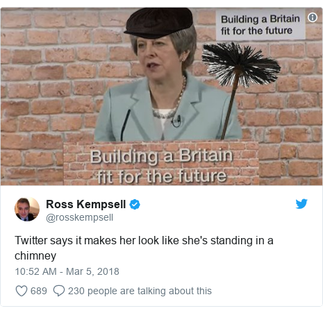 Twitter post by @rosskempsell: Twitter says it makes her look like she's standing in a chimney 