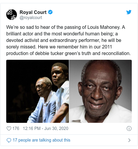 Twitter post by @royalcourt: We’re so sad to hear of the passing of Louis Mahoney. A brilliant actor and the most wonderful human being; a devoted activist and extraordinary performer, he will be sorely missed. Here we remember him in our 2011 production of debbie tucker green’s truth and reconciliation. 