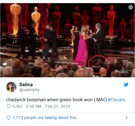 Twitter post by @sadolphy: chadwick boseman when green book won LMAO #Oscars 