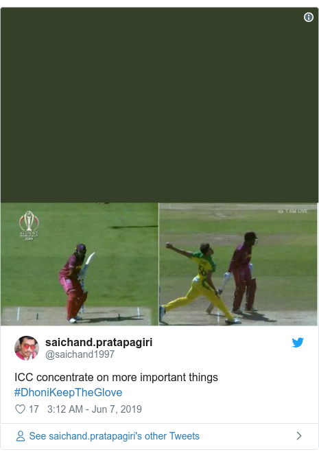 Twitter post by @saichand1997: ICC concentrate on more important things  #DhoniKeepTheGlove 