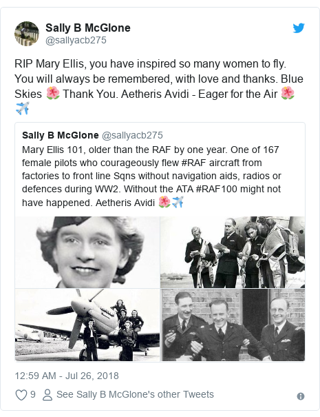 Twitter post by @sallyacb275: RIP Mary Ellis, you have inspired so many women to fly. You will always be remembered, with love and thanks. Blue Skies 🌺 Thank You. Aetheris Avidi - Eager for the Air 🌺✈️ 