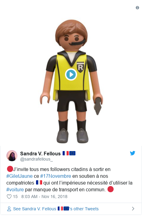 Twitter post by @sandrafellous_: 🔴J’invite tous mes followers citadins à sortir en #GiletJaune ce #17Novembre en soutien à nos compatriotes 🇫🇷 qui ont l’impérieuse nécessité d’utiliser la #voiture par manque de transport en commun. 🔴 