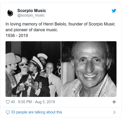 Twitter post by @scorpio_music: In loving memory of Henri Belolo, founder of Scorpio Music and pioneer of dance music. 1936 - 2019 