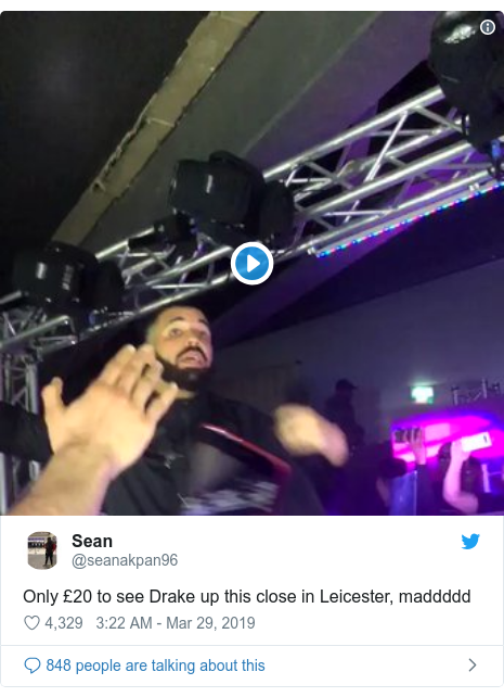 Twitter post by @seanakpan96: Only £20 to see Drake up this close in Leicester, maddddd 