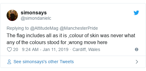 Twitter post by @simondanielc: The flag includes all as it is ,colour of skin was never what any of the colours stood for ,wrong move here