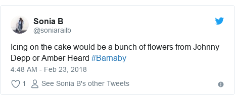 Twitter post by @soniarailb: Icing on the cake would be a bunch of flowers from Johnny Depp or Amber Heard #Barnaby