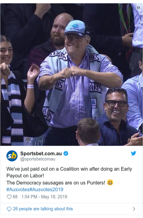 Twitter post by @sportsbetcomau: We've just paid out on a Coalition win after doing an Early Payout on Labor!The Democracy sausages are on us Punters! 😬#Ausvotes#Ausvotes2019 