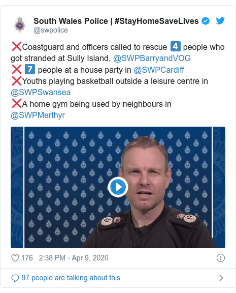 Twitter post by @swpolice: ❌Coastguard and officers called to rescue 4️⃣ people who got stranded at Sully Island, @SWPBarryandVOG ❌ 7️⃣ people at a house party in @SWPCardiff ❌Youths playing basketball outside a leisure centre in @SWPSwansea ❌A home gym being used by neighbours in @SWPMerthyr 