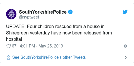 Twitter post by @syptweet: UPDATE  Four children rescued from a house in Shiregreen yesterday have now been released from hospital