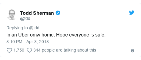 Twitter post by @tdd: In an Uber omw home. Hope everyone is safe.