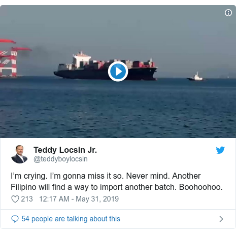 Twitter post by @teddyboylocsin: I’m crying. I’m gonna miss it so. Never mind. Another Filipino will find a way to import another batch. Boohoohoo. 
