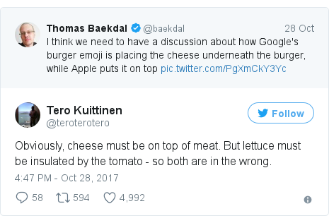 Twitter post by @teroterotero: Obviously, cheese must be on top of meat. But lettuce must be insulated by the tomato - so both are in the wrong.
