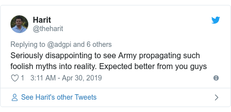 Twitter post by @theharit: Seriously disappointing to see Army propagating such foolish myths into reality. Expected better from you guys