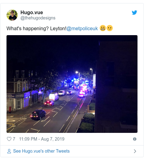 Twitter post by @thehugodesigns: What's happening? Leyton!@metpoliceuk 😬😕 
