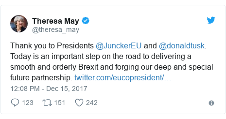 Twitter post by @theresa_may: Thank you to Presidents @JunckerEU and @donaldtusk. Today is an important step on the road to delivering a smooth and orderly Brexit and forging our deep and special future partnership. 