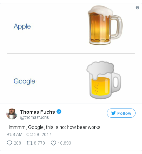 Twitter post by @thomasfuchs: Hmmmm, Google, this is not how beer works 