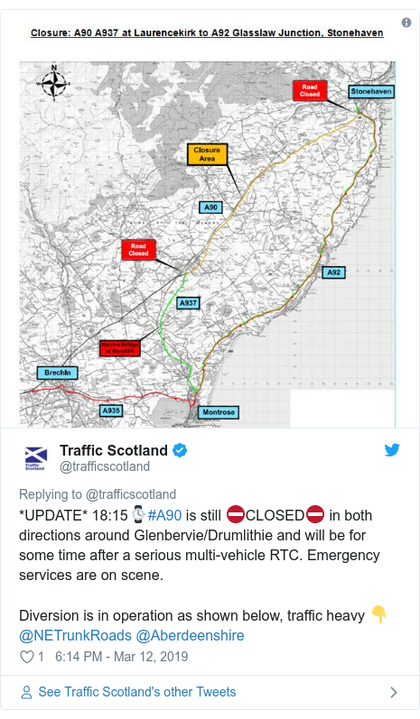 Twitter post by @trafficscotland: *UPDATE* 18 15⌚️#A90 is still ⛔️CLOSED⛔️ in both directions around Glenbervie/Drumlithie and will be for some time after a serious multi-vehicle RTC. Emergency services are on scene.Diversion is in operation as shown below, traffic heavy 👇@NETrunkRoads @Aberdeenshire 