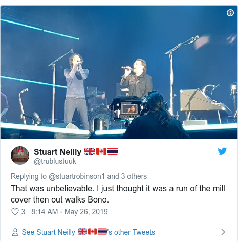 Twitter post by @trublustuuk: That was unbelievable. I just thought it was a run of the mill cover then out walks Bono. 