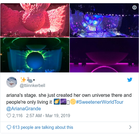 Twitter post by @ttiinnkerbell: ariana's stage. she just created her own universe there and people're only living it 🌠🌌⛼🌕#SweetenerWorldTour @ArianaGrande 