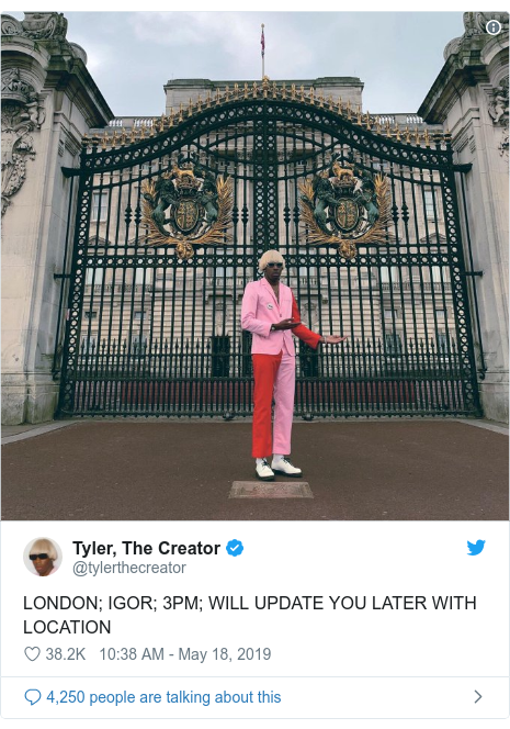 Twitter post by @tylerthecreator: LONDON; IGOR; 3PM; WILL UPDATE YOU LATER WITH LOCATION 