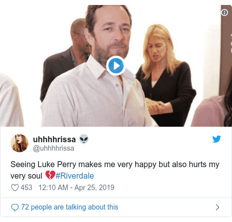 Twitter post by @uhhhhrissa: Seeing Luke Perry makes me very happy but also hurts my very soul 💔#Riverdale 
