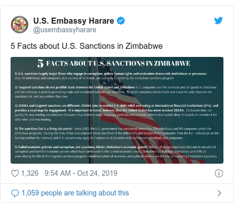 Twitter post by @usembassyharare: 5 Facts about U.S. Sanctions in Zimbabwe 