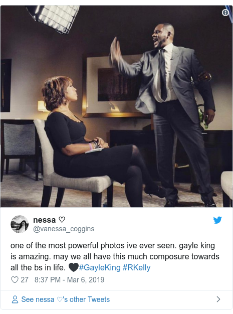 Twitter post by @vanessa_coggins: one of the most powerful photos ive ever seen. gayle king is amazing. may we all have this much composure towards all the bs in life. 🖤#GayleKing #RKelly 
