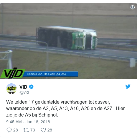 Twitter post by @vid: We telden 17 geklantelde vrachtwagen tot dusver, waaronder op de A2, A5, A13, A16, A20 en de A27.  Hier zie je de A5 bij Schiphol. 