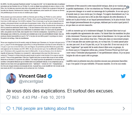 Twitter post by @vincentglad: Je vous dois des explications. Et surtout des excuses. 