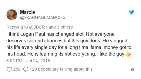 Twitter post by @xKARNAGEMARCIEx: I think Logan Paul has changed alot! Not everyone deserves second chances but this guy does. He vlogged his life every single day for a long time, fame, money got to his head. He is learning its not everything. I like the guy👍