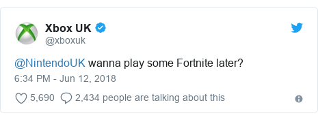 Twitter post by @xboxuk: @NintendoUK wanna play some Fortnite later?