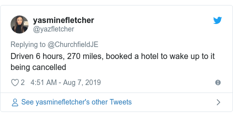 Twitter post by @yazfletcher: Driven 6 hours, 270 miles, booked a hotel to wake up to it being cancelled