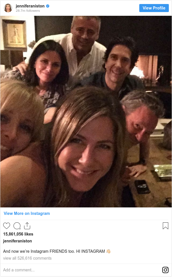 Instagram post by jenniferaniston: And now we’re Instagram FRIENDS too. HI INSTAGRAM 👋🏻