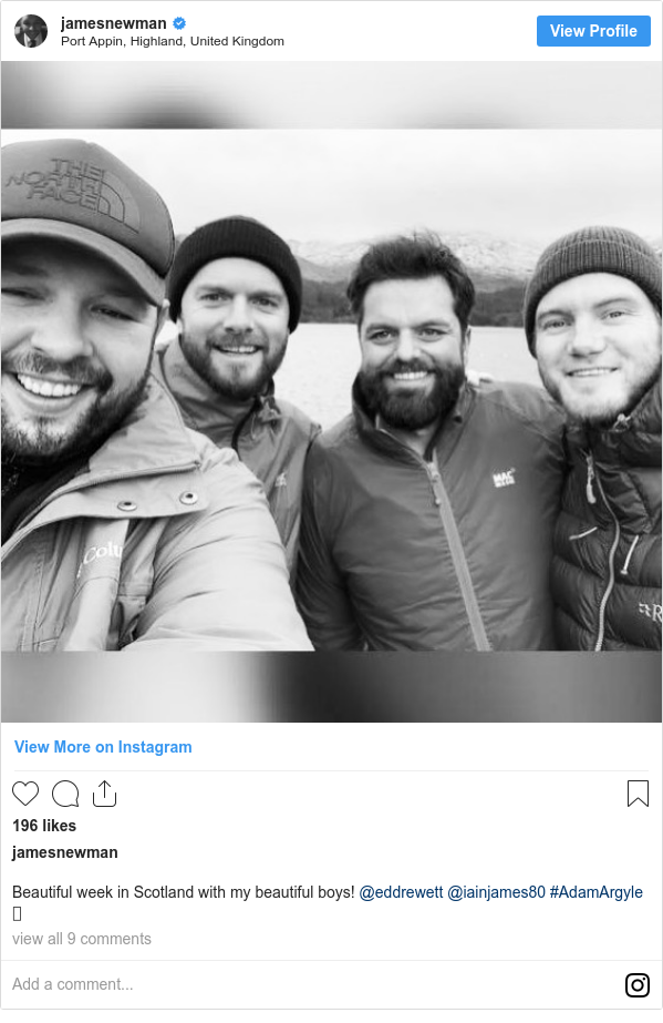 Instagram post by jamesnewman: Beautiful week in Scotland with my beautiful boys! @eddrewett @iainjames80 #AdamArgyle 🥶