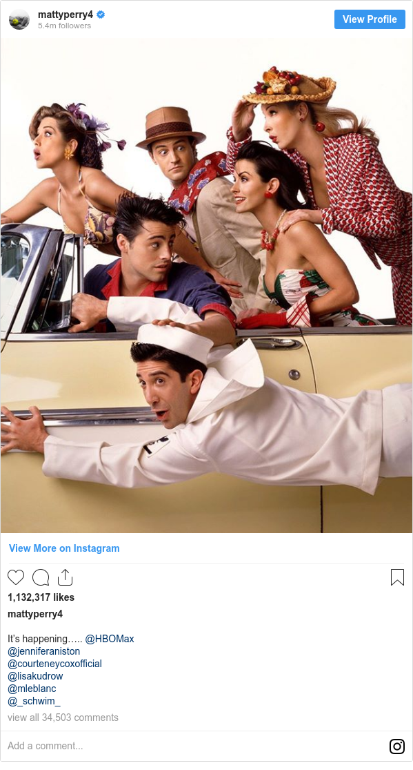 Instagram post by mattyperry4: It’s happening….. @HBOMax
@jenniferaniston
@courteneycoxofficial
@lisakudrow
@mleblanc
@_schwim_