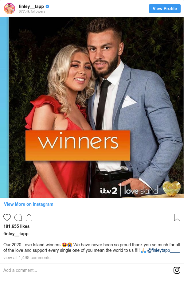 Instagram post by finley__tapp: Our 2020 Love Island winners 🤩😭 We have never been so proud thank you so much for all of the love and support every single one of you mean the world to us !!!! 🙏🏻 @finleytapp____