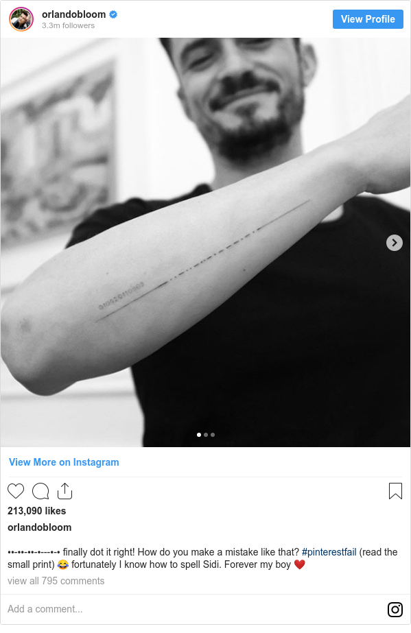 Instagram post by orlandobloom: ••-••-••-•---•-• finally dot it right! How do you make a mistake like that? #pinterestfail (read the small print) 😂 fortunately I know how to spell Sidi. Forever my boy ❤️