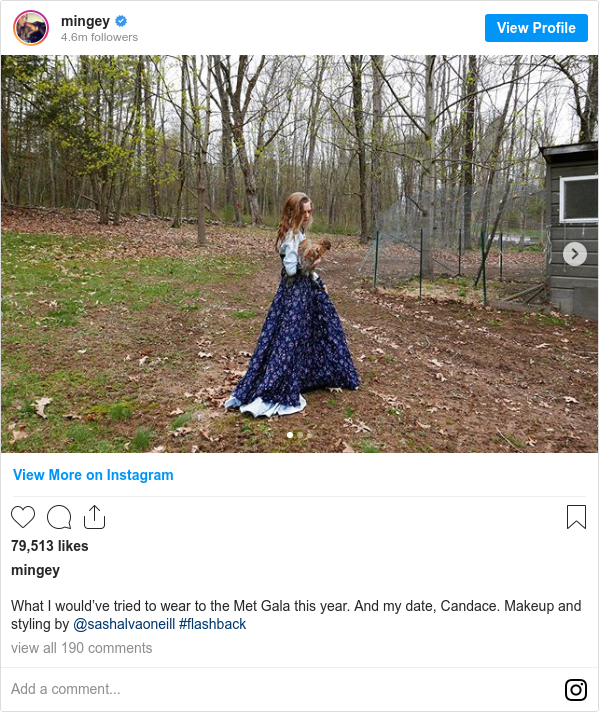 Instagram post by mingey: What I would’ve tried to wear to the Met Gala this year. And my date, Candace. Makeup and styling by @sashalvaoneill #flashback