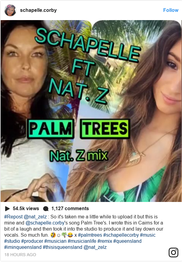 Instagram post by schapelle.corby: #Repost @nat_zelz   So it's taken me a little while to upload it but this is mine and @schapelle.corby's song Palm Tree's. I wrote this in Cairns for a bit of a laugh and then took it into the studio to produce it and lay down our vocals. So much fun. 🤣☺️🌴😂 x
#palmtrees #schapellecorby #music #studio #producer #musician #musicianlife #remix #queensland #iminqueensland #thisisqueensland
@nat_zelz