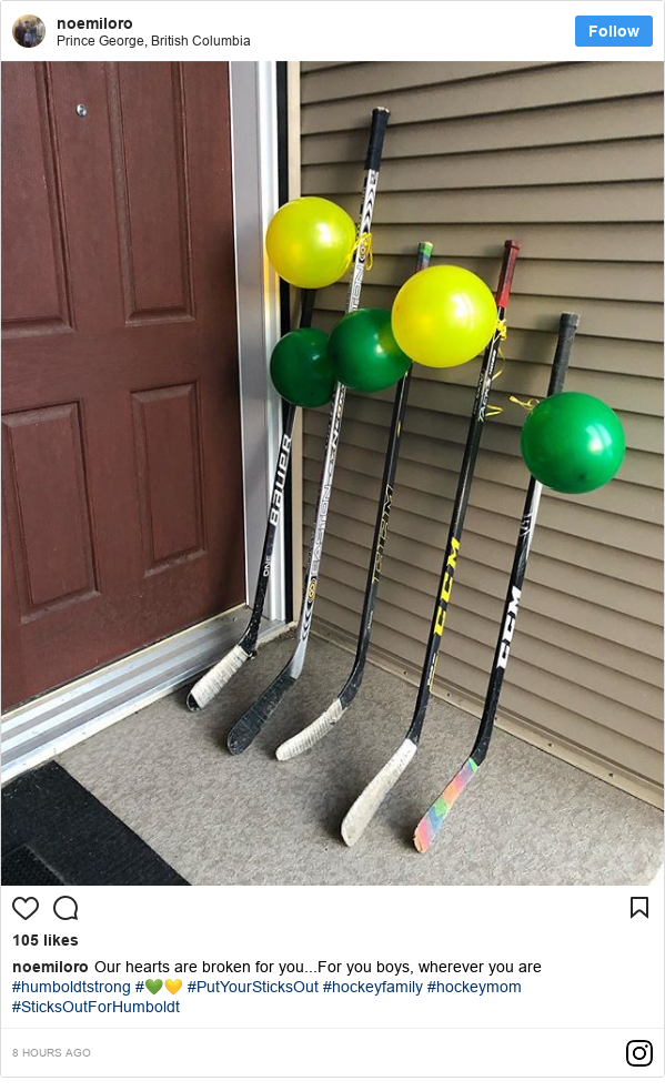 Instagram post by noemiloro: Our hearts are broken for you...For you boys, wherever you are  #humboldtstrong #💚💛 #PutYourSticksOut #hockeyfamily #hockeymom #SticksOutForHumboldt
