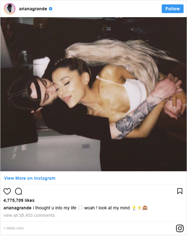 Instagram post by arianagrande: i thought u into my life 💭 woah ! look at my mind 💡⚡️🙈