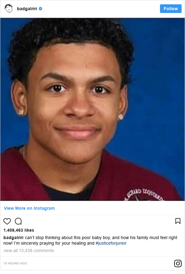 Instagram post by badgalriri: can’t stop thinking about this poor baby boy, and how his family must feel right now! I’m sincerely praying for your healing and #justiceforjunior