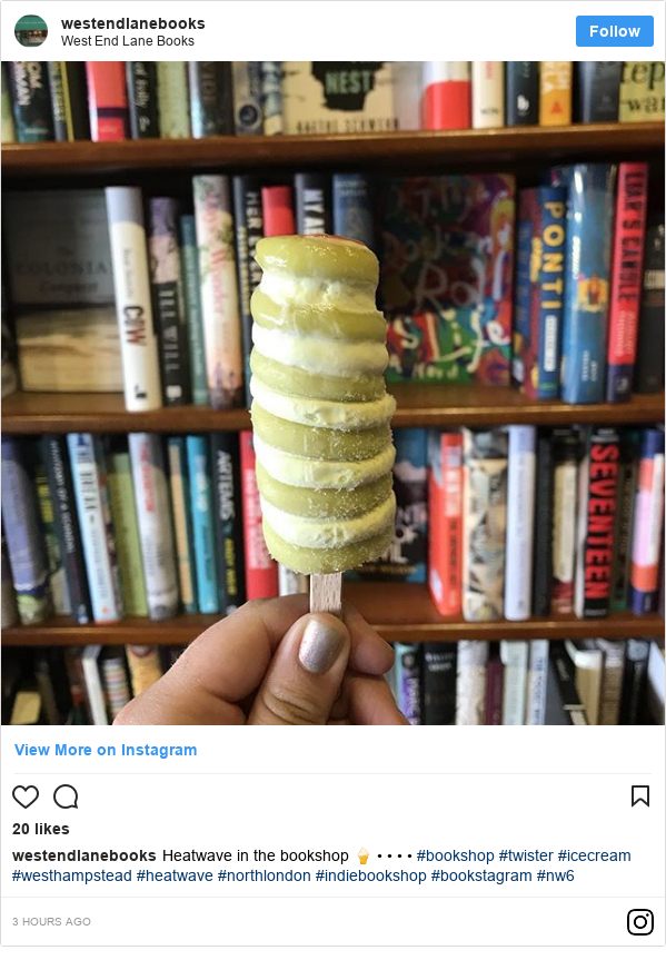 Instagram post by westendlanebooks: Heatwave in the bookshop 🍦 • • • • #bookshop #twister #icecream #westhampstead #heatwave #northlondon #indiebookshop #bookstagram #nw6