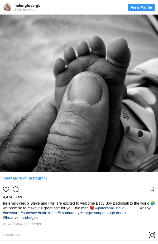 Instagram post by helenglovergb: Steve and I will are excited to welcome Baby Boy Backshall to the world 🌎 we promise to make it a great one for you little man ❤️ @backshall.steve . . . . . . . #baby #newborn #babyboy #cute #feet #imamummy #notgrownupenough #eeek #theadventurebegins