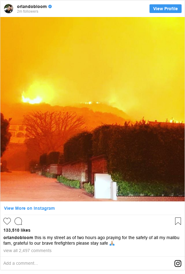 Instagram post by orlandobloom: this is my street as of two hours ago praying for the safety of all my malibu fam, grateful to our brave firefighters please stay safe 🙏🏼